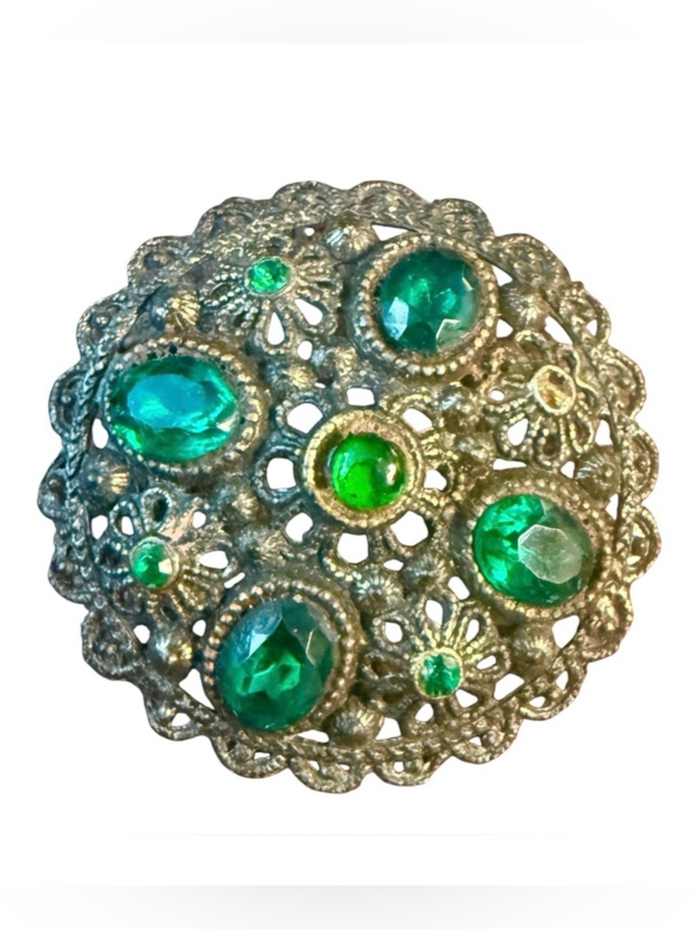 Gorgeous Vintage Round Brooch with  Green Gemstones, One Missing, 1.5”